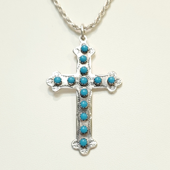 Vintage Jewelry - Turquoise Necklace Large Cross Pendant Sterling Silver Chain Necklace 20in Long